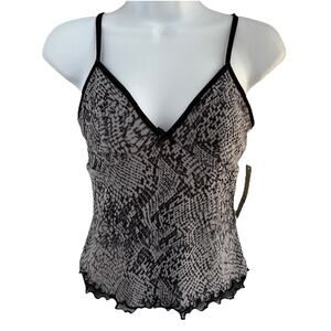 NWT Y2K Black & White Animal Print Mesh Babydoll V-Neck Sheer Cami Top Size S